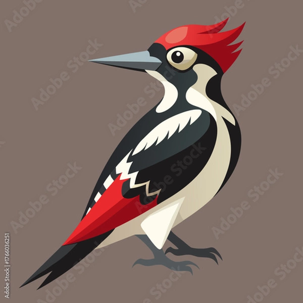 Fototapeta Scalable vector illustration of a woodpecker bird with red head black and white feathers for graphic design projects silhouette White background