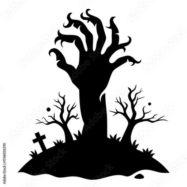 Fototapeta Spooky zombie hand rising from ground vector illustration for halloween designs scalable eps silhouette White background