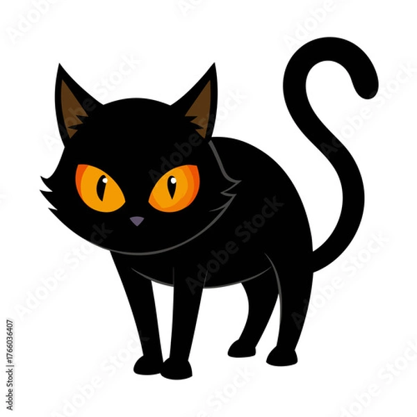 Fototapeta Scary black cat with glowing orange eyes arched back halloween vector illustration silhouette White background