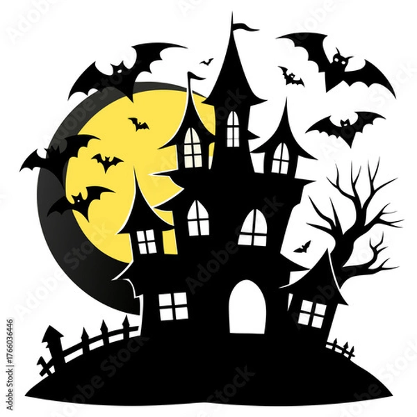 Fototapeta Spooky haunted house with bats and full moon vector illustration scalable eps icon for halloween silhouette White background