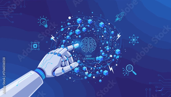 Obraz Futuristic AI and Machine Learning concept with a robotic hand interacting with a glowing digital brain, surrounded by abstract data streams, cubes, and scientific icons, representing innovation and