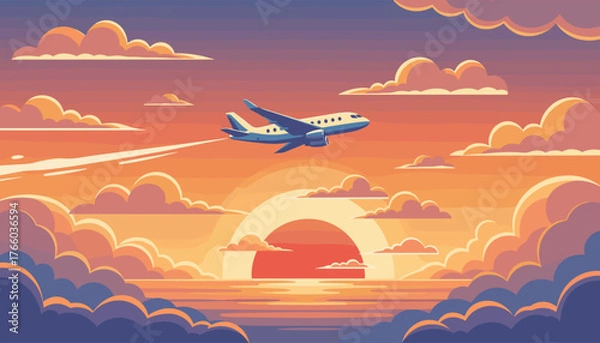 Obraz Captivating vector illustration of a commercial airplane soaring through a vibrant sunset sky, surrounded by dramatic, colorful clouds over a serene body of water, evoking a sense of travel and