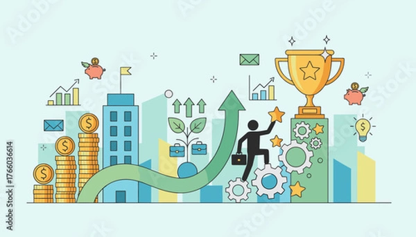 Obraz Vibrant illustration depicting financial growth and career advancement, featuring stacks of coins, a soaring green arrow, a trophy, piggy banks, and a silhouette of a person climbing towards success
