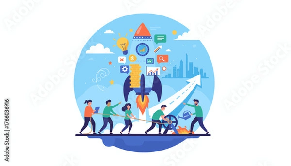 Obraz Vibrant illustration depicting a diverse team of entrepreneurs collaborating to launch a startup project, symbolized by a rocket ascending towards a cityscape, representing growth, innovation, and
