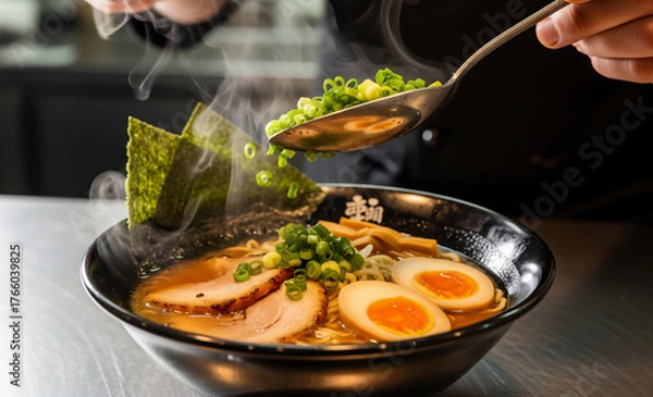 Obraz 湯気立つ至福の一杯：丁寧に盛り付けられる本格ラーメン