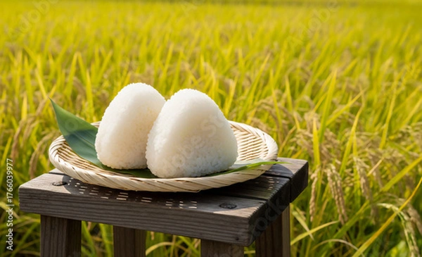 Obraz 黄金色の田んぼと手作りおにぎり：日本の秋の恵み