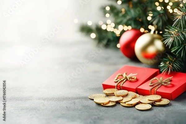 Fototapeta Festive Chinese red envelopes filled with coins and gold ingots alongside a decorated holiday tree