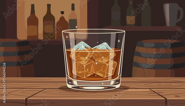 Obraz A close-up, vibrant illustration of a glass filled with amber whiskey or bourbon and ice cubes, resting on a rustic wooden table in a dimly lit bar setting with blurred barrels and bottles in the