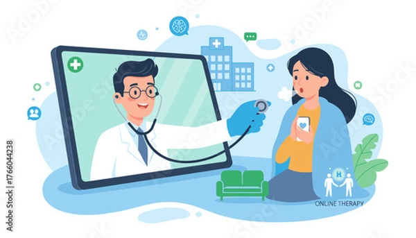 Obraz Vivid illustration of a telehealth consultation, featuring a doctor on a tablet using a stethoscope on a patient, symbolizing online medical care and remote healthcare services, with icons