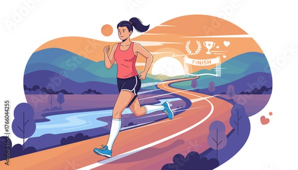 Obraz Vibrant illustration of a determined woman in sportswear running towards the finish line, symbolizing achievement and goal attainment, set against a scenic landscape with rolling hills, a winding
