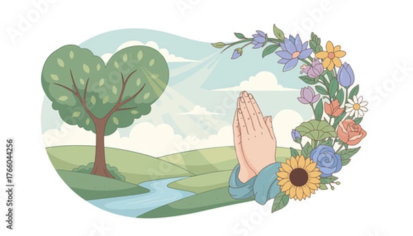 Obraz Serene illustration of a woman's hands clasped in prayer amidst a vibrant natural landscape, featuring a heart-shaped tree, a flowing river, rolling green hills, and a colorful floral wreath, bathed