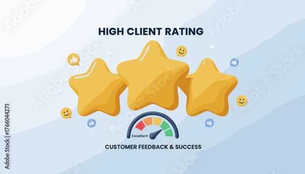 Obraz Three dimensional golden yellow stars representing a high client rating and excellent customer feedback, accompanied by a gauge indicating success and positive social media icons like thumbs up and