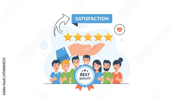 Obraz Illustrative vector graphic showcasing a hand holding five golden stars, representing a top customer satisfaction rating, with a diverse group of happy people giving thumbs up and a badge indicating