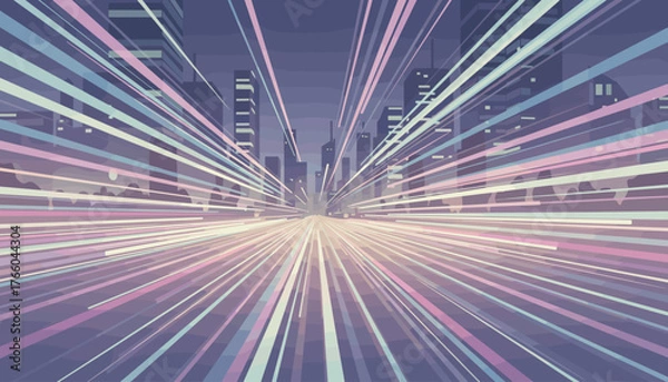 Obraz Abstract pastel light streaks create a dynamic urban street scene with a sense of speed and motion, depicting a futuristic cityscape with tall buildings and a vibrant, energetic atmosphere, perfect
