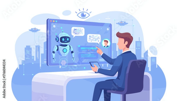 Obraz Modern businessman interacting with a friendly AI chatbot on a futuristic holographic interface, showcasing artificial intelligence and technology in a smart city environment with flying vehicles and