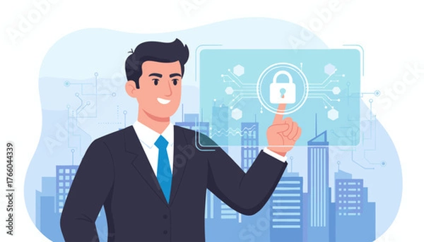 Fototapeta Professional businessman in a suit interacting with a futuristic digital interface displaying a padlock icon and network connections, symbolizing data security, authentication, and verification in a
