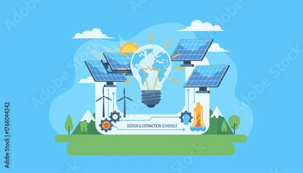 Obraz Vibrant illustration showcasing the interconnectedness of renewable energy sources, featuring solar panels, wind turbines, and a lightbulb with the Earth inside, symbolizing global sustainability and