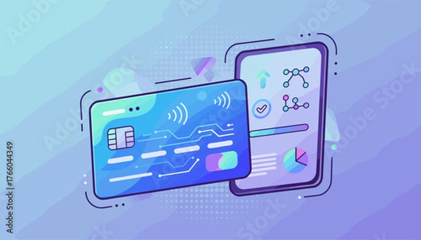 Obraz Vibrant digital illustration showcasing a credit card with contactless payment symbols and circuit board design alongside a smartphone displaying charts and graphs, representing modern financial