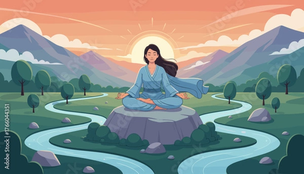 Obraz Serene woman in blue meditating in lotus position on a rock amidst a tranquil landscape with winding river, lush trees, and majestic mountains under a vibrant sunrise, symbolizing peace, mindfulness