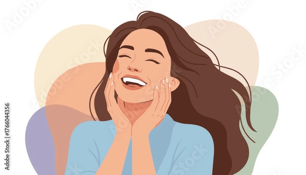 Obraz Joyful young woman with long brown hair laughing with eyes closed, touching her cheeks with her hands, conveying happiness, self-care, and a radiant smile against a soft, abstract pastel background