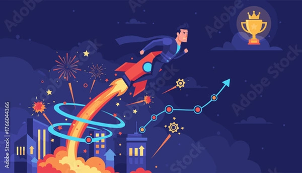 Obraz Dynamic illustration of a determined businessman in a suit and cape soaring on a rocket ship, symbolizing business growth, innovation, and rapid progress towards a golden trophy of success against a