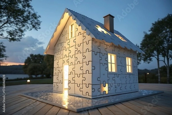 Fototapeta House made of puzzle pieces on a wooden platform at dusk, conceptual image