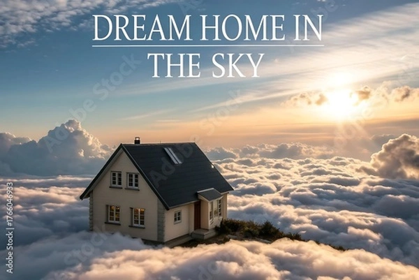 Obraz Dream home in the sky, house above the clouds at sunset, concept