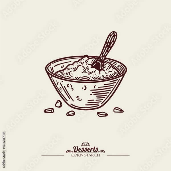Fototapeta Glass bowl with cornstarch and grains. Plate with powder and spoon in it, vector line art illustration.