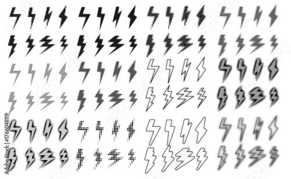 Fototapeta Halftone Bolt Symbols, Fully Editable Vector of Lightning Bolts in Halftone Pattern, Multiple Patterns of Electricity