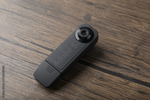 Fototapeta Modern hidden spy camera on wooden table, closeup