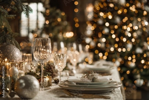 Fototapeta Luxurious Christmas table setting with crystal glasses, sparkling ornaments, candles, and golden bokeh lights in a festive, elegant holiday ambiance
