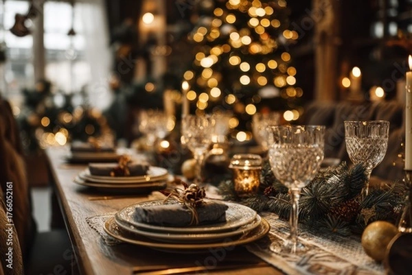 Fototapeta Elegant Christmas dining table with golden accents, crystal glasses, candles, and holiday greenery in a warm and luxurious festive setting near a glowing tree