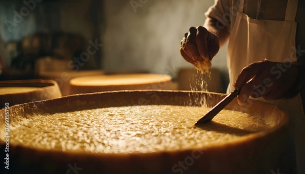 Obraz Slow motion close up of a cheesemaker is controlling the seasoning of Parmesan cheese, which was maturing by ancient Italian tradition for many months.