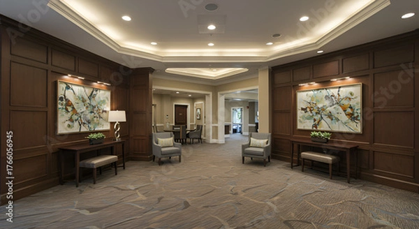 Obraz A beautifully designed, upscale interior common area showcasing rich wooden walls, abstract art, plush seating, and warm, inviting overhead illumination.