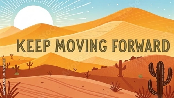 Fototapeta Inspirational desert landscape with "keep moving forward" text and warm sunlight.