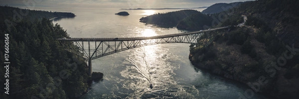 Fototapeta Stylized Fisheye Panorama of Deception Pass Bridge at Golden Hour