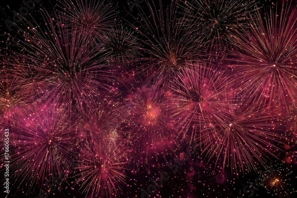 Fototapeta Vibrant pink and gold fireworks exploding in the night sky with sparkling trails and intense bursts, creating a festive celebration atmosphere