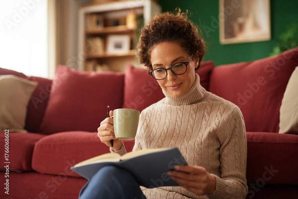 Fototapeta A woman relaxes on the floor of her cozy living room, reading a book while holding a mug. Soft sunlight illuminates the space, creating a warm atmosphere.