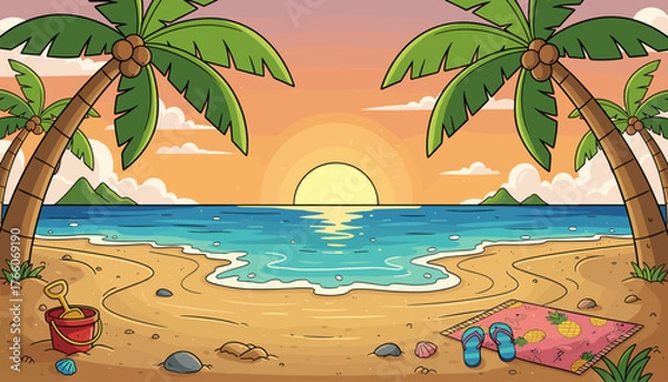 Fototapeta Vibrant cartoon illustration of a tropical beach scene at sunset, featuring palm trees with coconuts, a sandy shore with seashells and a bucket and spade, gentle ocean waves, distant islands, and a