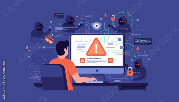 Obraz Cybersecurity threat concept: A person using a computer displays a notification error with a caution triangle, surrounded by shadowy hackers in hoodies, one fishing for a credit card, others with