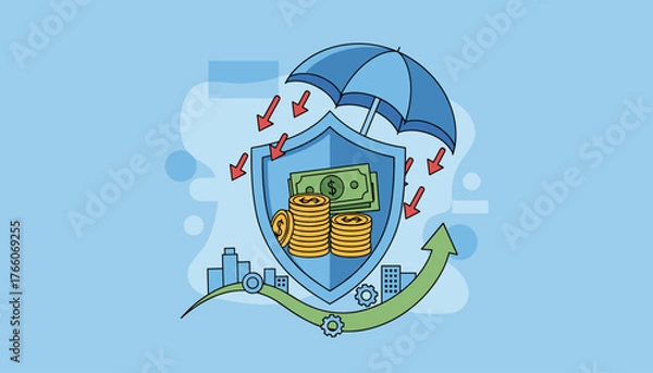 Obraz Vivid flat illustration concept of money protection and financial security, featuring a shield with cash and coins under a protective umbrella, with red arrows indicating threats being deflected, set