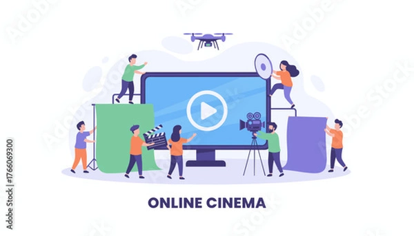 Obraz Vivid flat illustration depicting a diverse team of filmmakers creating content for online cinema, featuring a large monitor with a play button, camera, drone, green screen, clapperboard, and