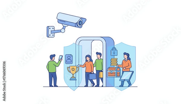 Obraz Modern vector illustration depicting a comprehensive security system with a surveillance camera, a secure entryway, people passing through, and symbols of protection like shields, locks, and a