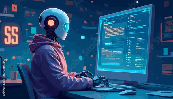 Fototapeta Futuristic robot programmer wearing a pink hoodie, intently typing on a keyboard in a dimly lit room filled with glowing digital interfaces and code on a large monitor, representing artificial