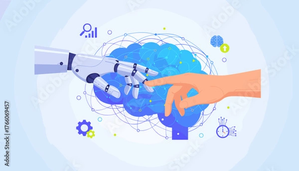 Fototapeta The iconic 'creation of Adam' scene reimagined with a robotic hand reaching out to touch a human finger, symbolizing the convergence of artificial intelligence and humanity, set against a backdrop of