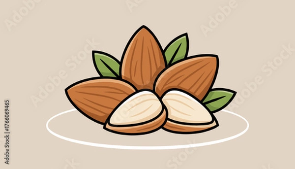 Fototapeta Vibrant modern flat vector illustration of a pile of almonds, some whole and some cracked open, with green leaves, set against a neutral beige background, perfect for healthy eating and food-related