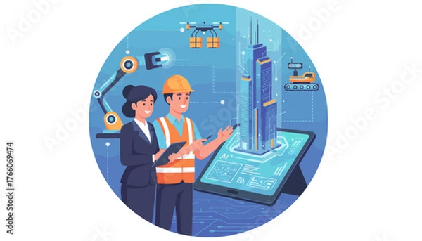 Fototapeta Innovative construction project management featuring a male engineer in a hard hat and safety vest and a female architect reviewing a holographic 3D building model on a tablet, with drones, robots