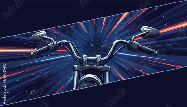 Fototapeta Dynamic first-person perspective of a motorcycle handlebar with a blurred, streaking background of red and blue light trails, conveying speed and motion, perfect for themes of adventure and travel.