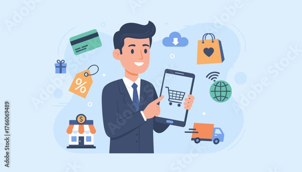 Fototapeta Vivid illustration of a businessman using a smartphone for e-commerce, surrounded by icons representing online shopping, discounts, credit cards, delivery, and global connectivity, symbolizing modern