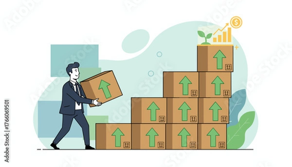 Fototapeta Business growth concept: a businessman in a suit stacks cardboard boxes with upward arrows, symbolizing career improvement, investment, and financial success, with a growth chart and plant on top.